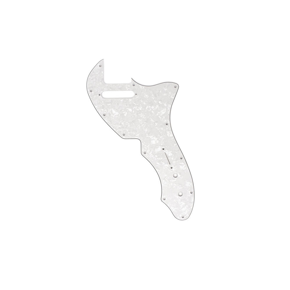 White pearl 4-ply guitar pickguard with multiple screw holes and pickup cutout, shown against white background.