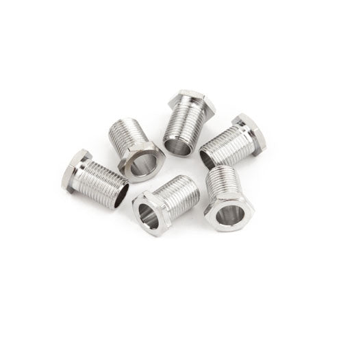 Six small silver metal bushings arranged on a white background.