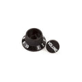 Black plastic volume control knob and knob cap with white numbering and text