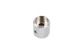 Silver metal knurled cylindrical knob with a set screw hole.