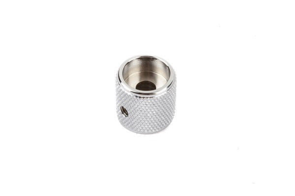 Silver metal knurled cylindrical knob with a set screw hole.