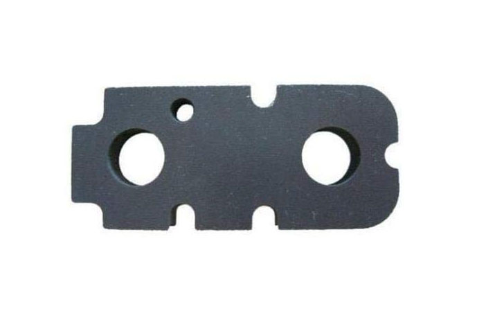 Flat black metal bracket with two large circular holes and three smaller holes.