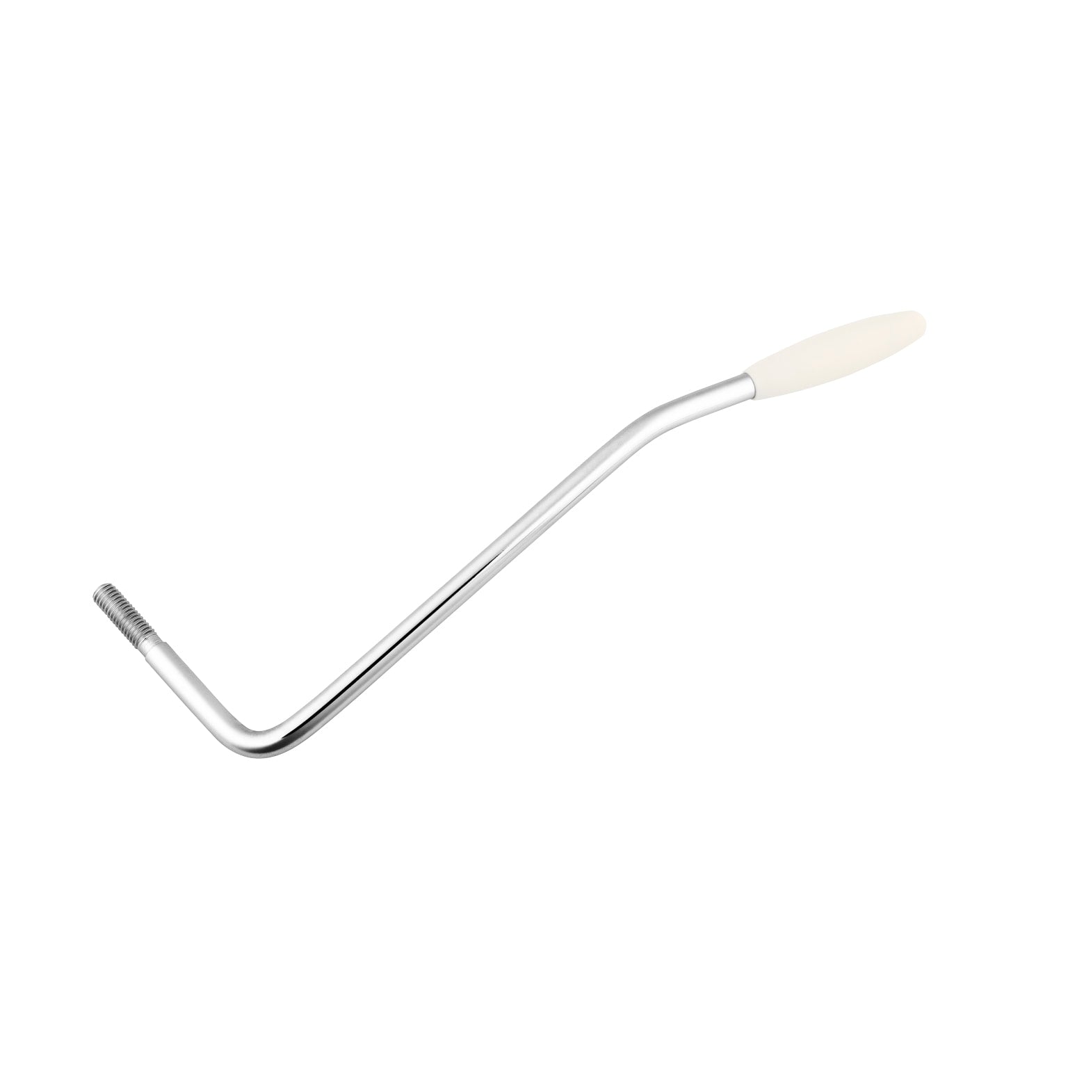 Chrome metal tremolo arm with threaded end and white plastic tip shown on white background.