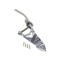 Polished silver metal guitar tailpiece with arm and four screws on a white background.