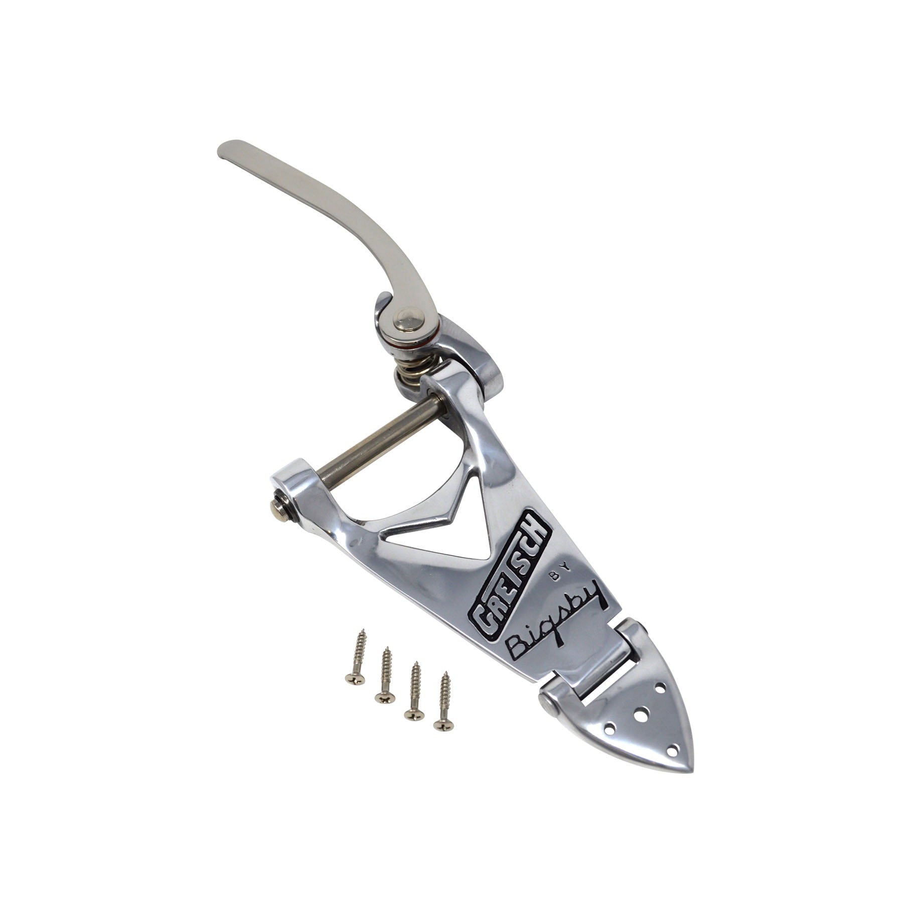 Polished silver metal guitar tailpiece with arm and four screws on a white background.