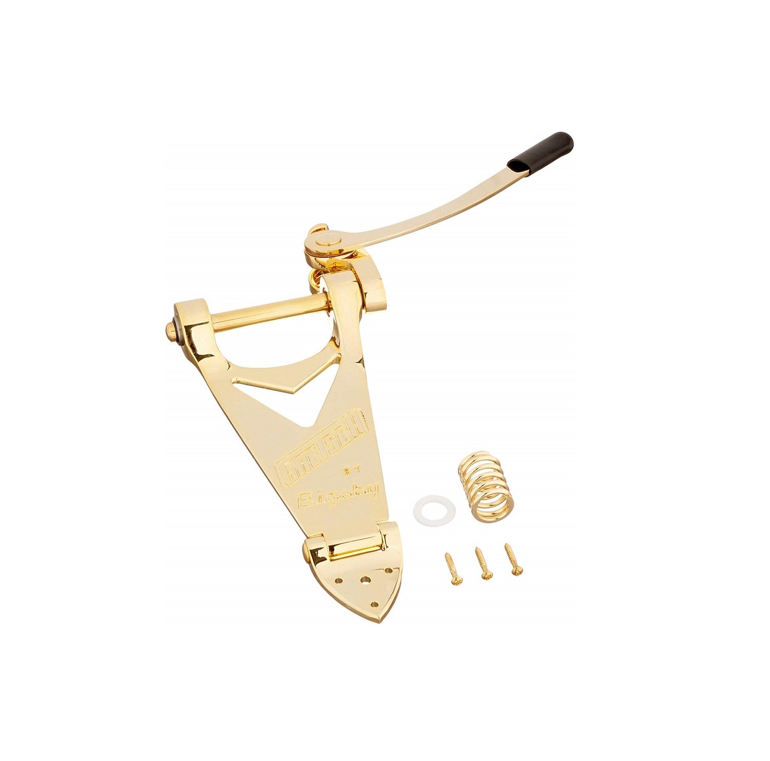 Gold-colored metal guitar tailpiece with a black handle lever, spring, washer, and three gold screws included.