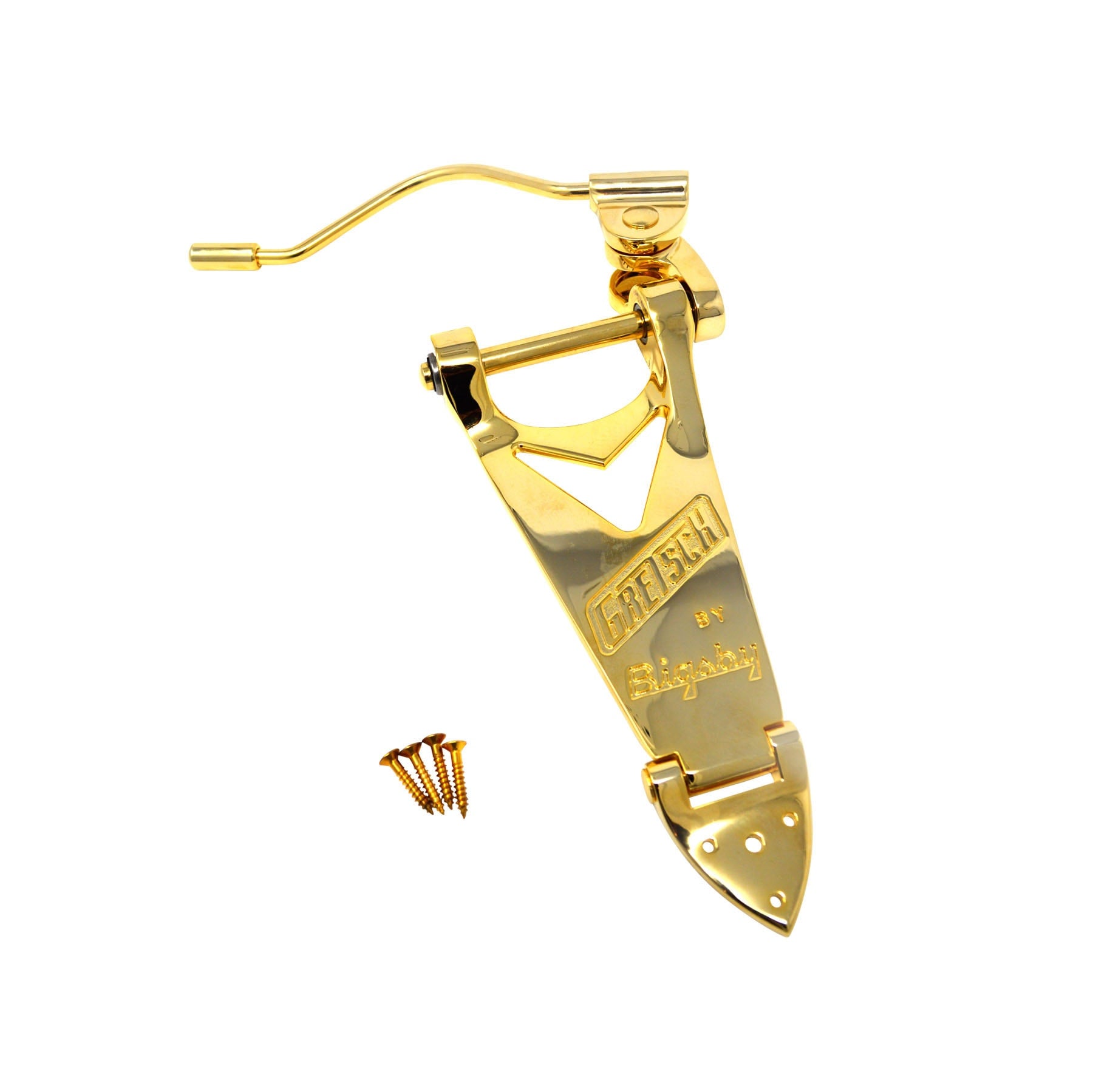 Gold-colored metal guitar tailpiece with wire handle and four screws on a white background.
