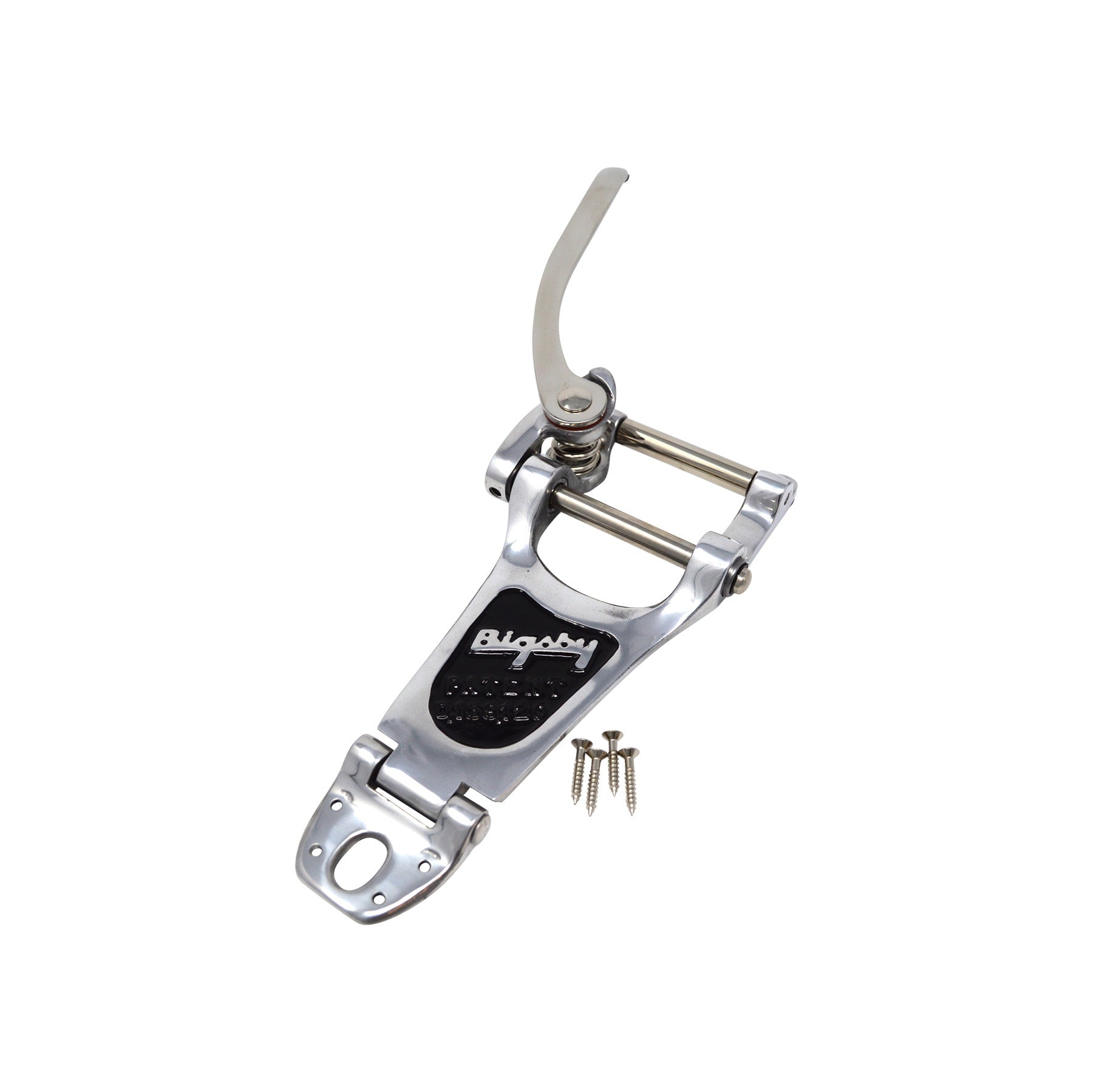 Polished metal vibrato tailpiece with lever and four screws on a white background.