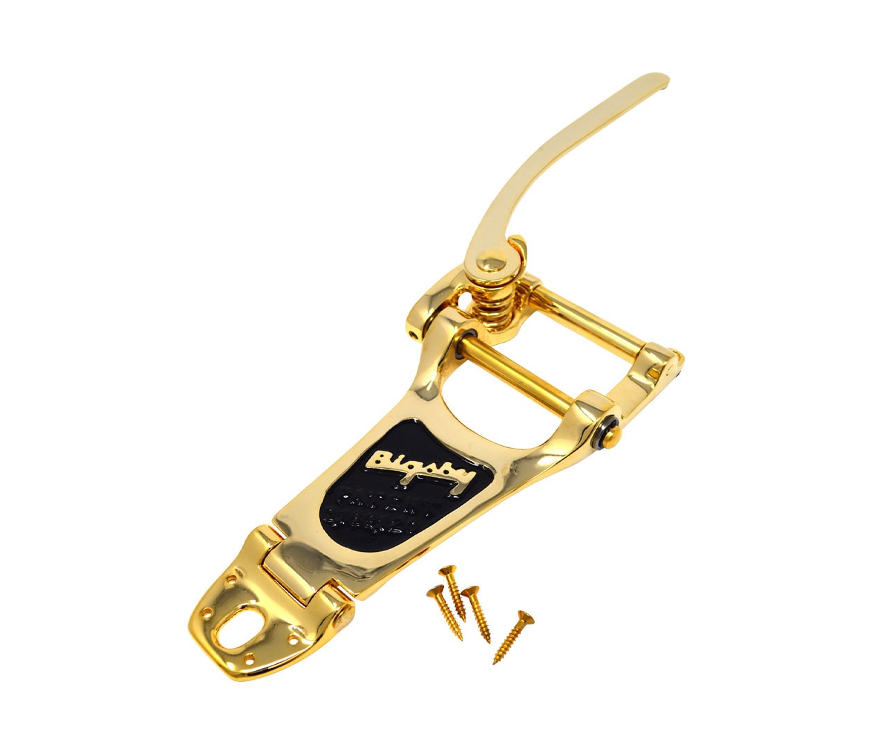 Gold-colored vibrato tailpiece with lever and mounting screws on a white background.