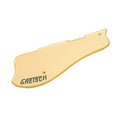 Cream colored guitar pickguard with black Gretsch logo and three screw holes.