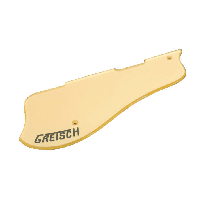 Cream colored guitar pickguard with black Gretsch logo and three screw holes.