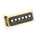 Gold rectangular guitar pickup with six pole pieces mounted on a black base plate.
