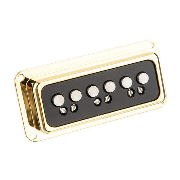 Gold rectangular guitar pickup with six pole pieces mounted on a black base plate.