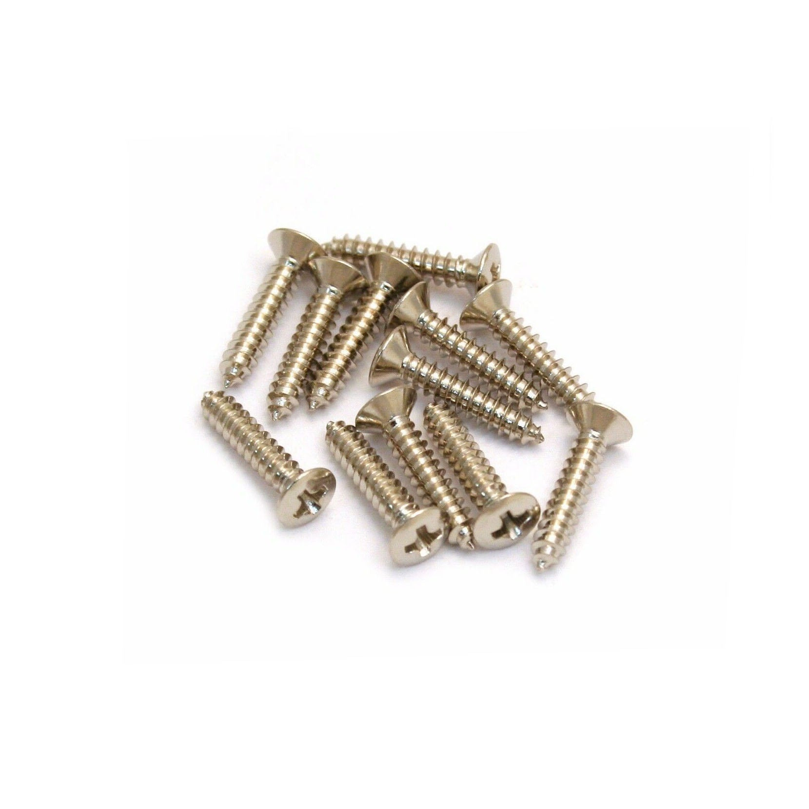 Twelve silver metal screws with cross-head slots on a white background.