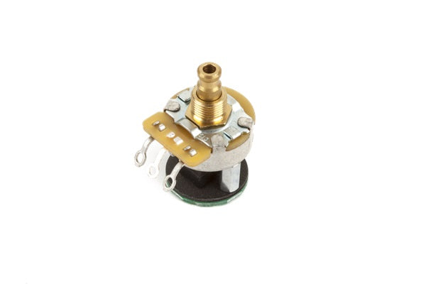 Close-up of a rotary switch component with a solid shaft and three solder lugs.