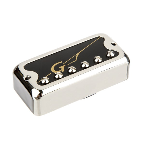Chrome-covered guitar pickup with black top and gold logo featuring the letter G and a line design.
