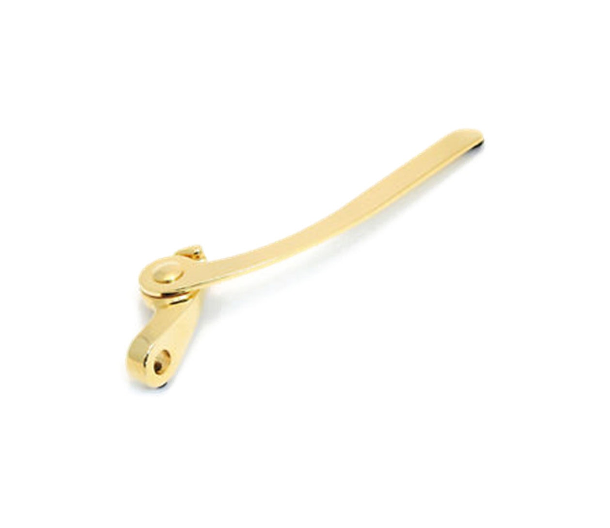 Gold-colored metal handle assembly with a lever and mounting hole on a white background.