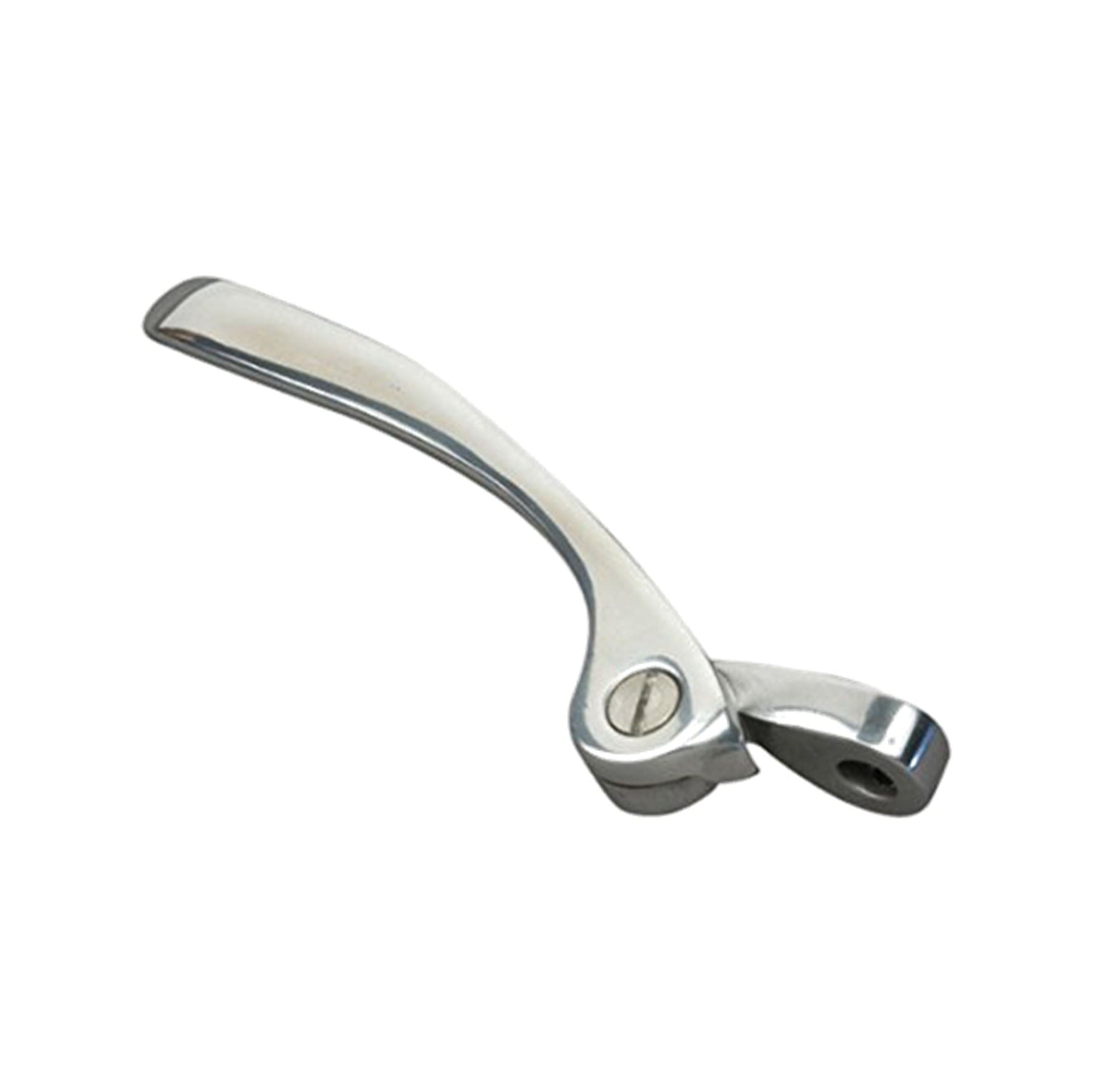 Silver metal swing-away arm with a hinge and mounting hole isolated on a white background.