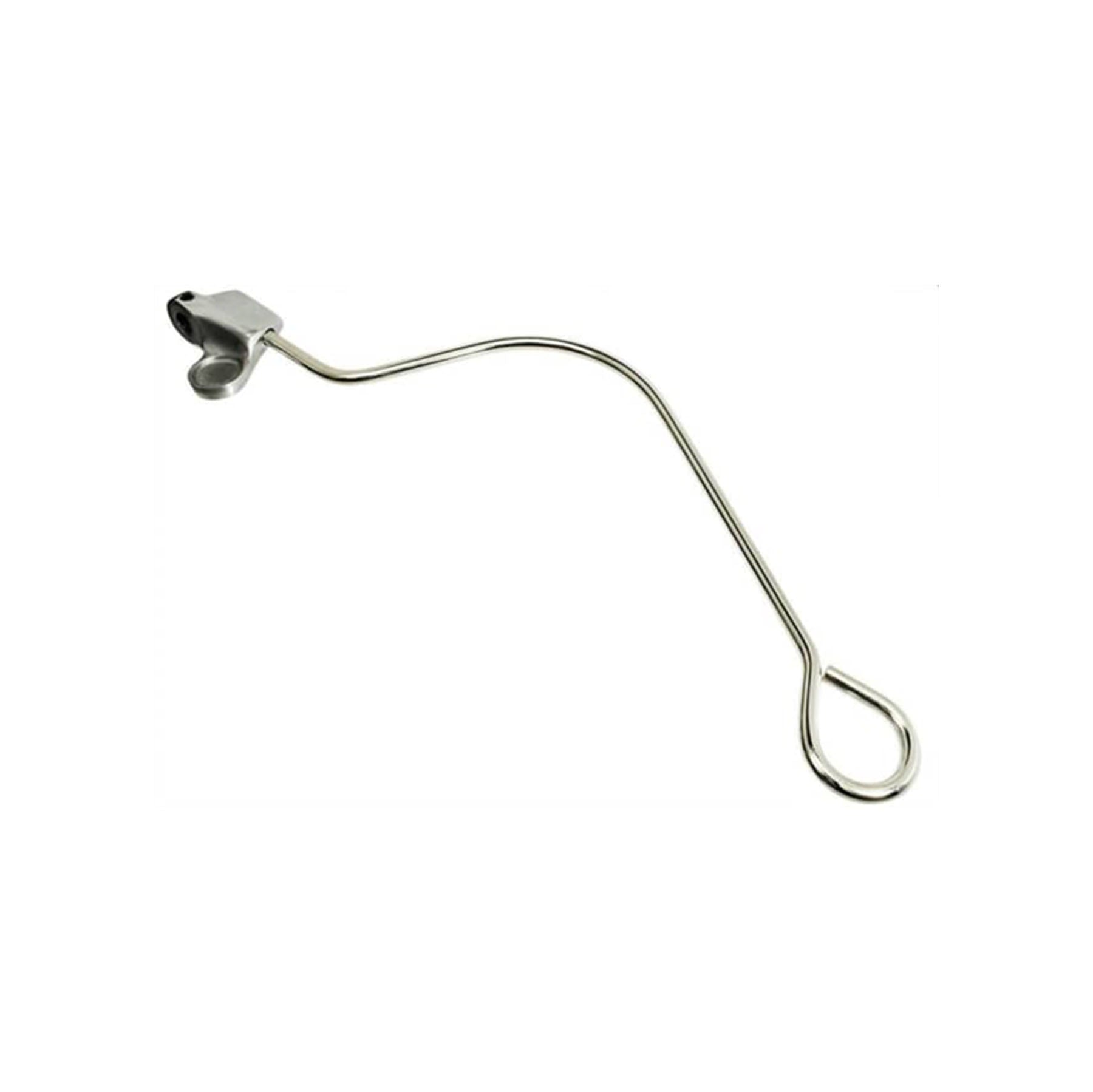 Silver metal handle assembly with a looped end and a mounting bracket on the opposite end on white background.