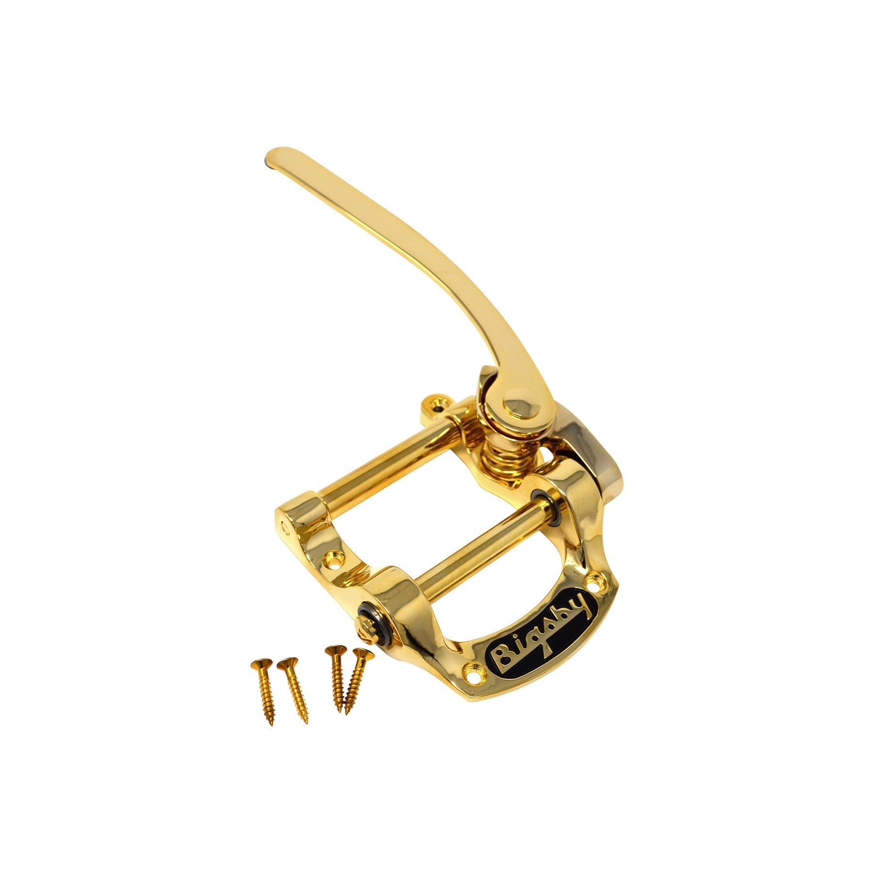 Gold-colored vibrato tailpiece with lever arm and mounting screws on a white background.