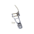 Polished silver metal guitar tailpiece with tension bar and four screws on a white background
