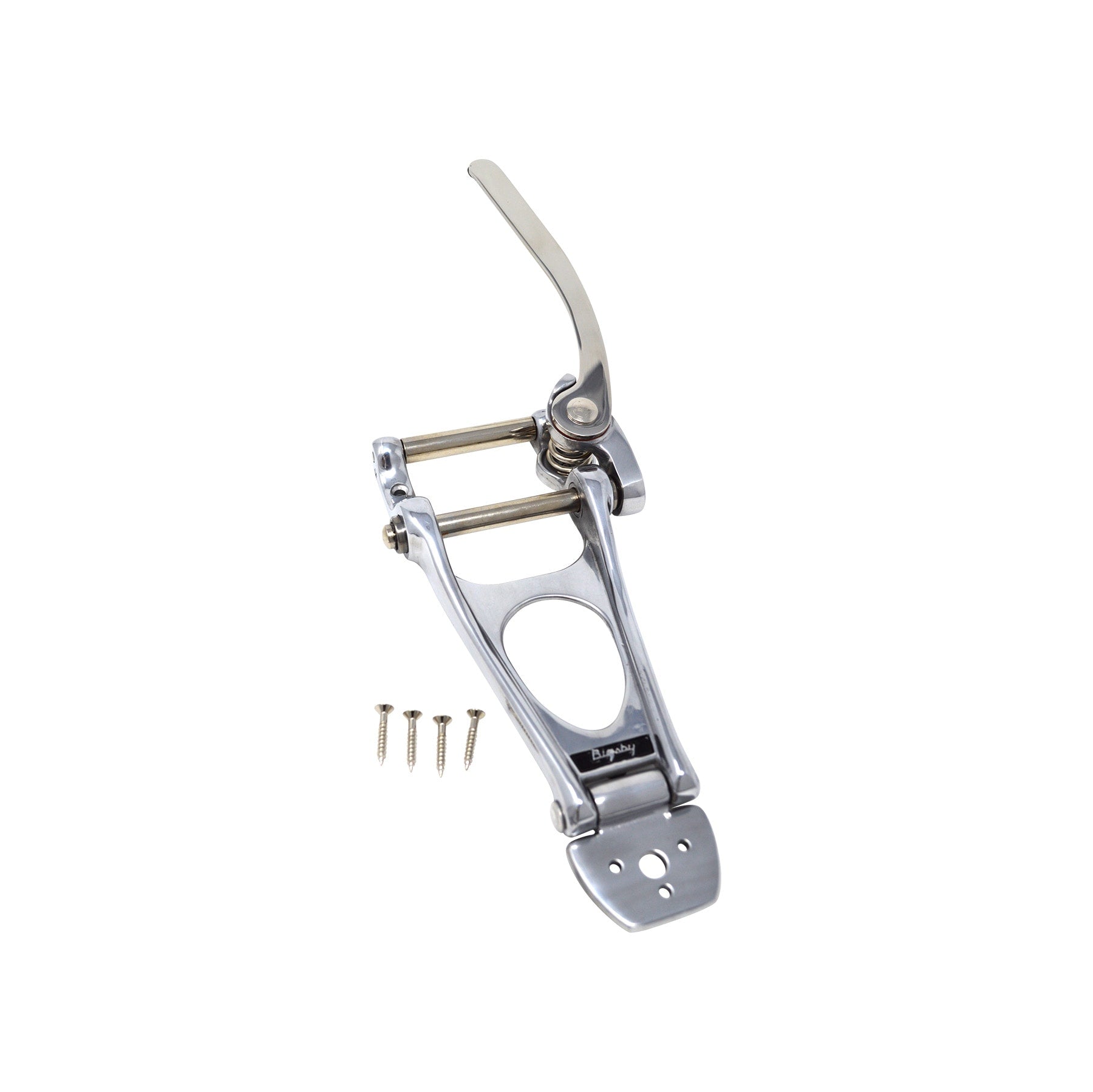 Polished silver metal guitar tailpiece with tension bar and four screws on a white background