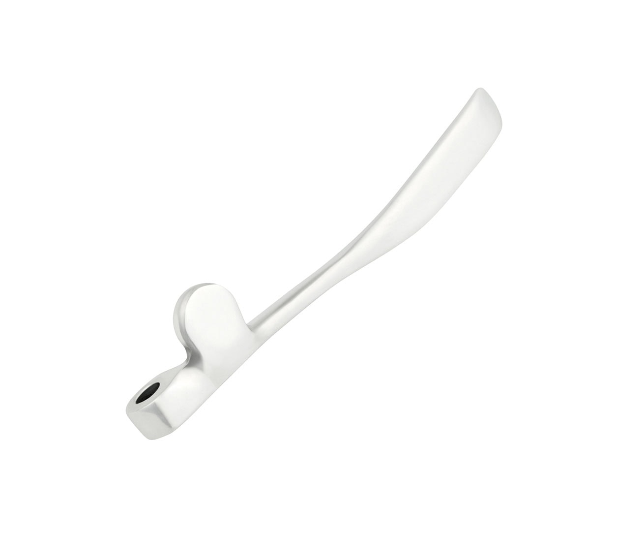 Silver metal handle with a flat elongated grip and a rounded mounting section with a hole.