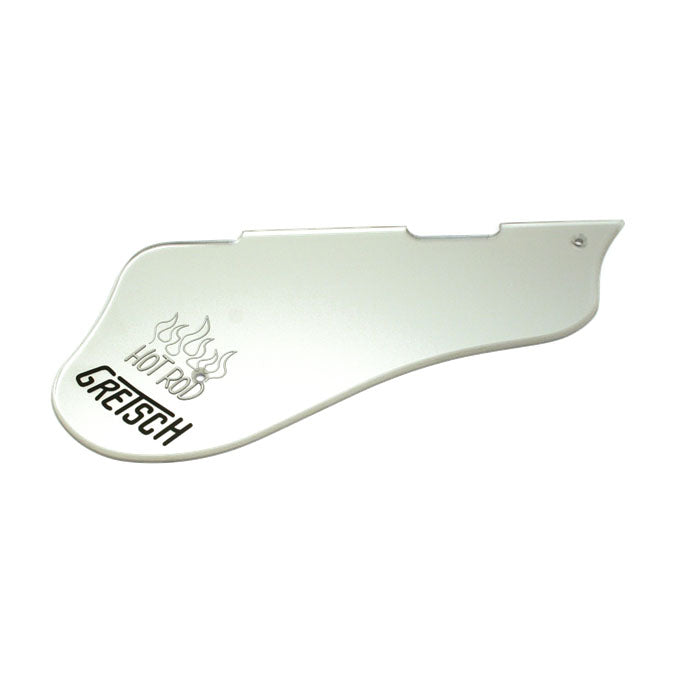White plastic guitar pickguard with black Gretsch logo and flame design labeled Hot Rod.