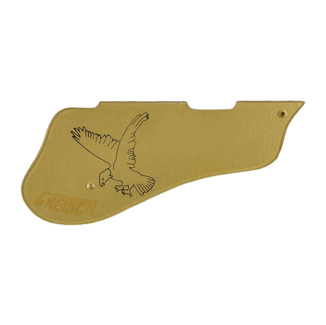Gold-colored guitar pickguard with an eagle illustration and GRETSCH logo in the corner.