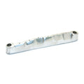 Silver metal guitar bridge saddle with compensated grooves on a white background.