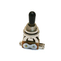 Metal toggle switch with black plastic cap and two screw terminals on a brown base