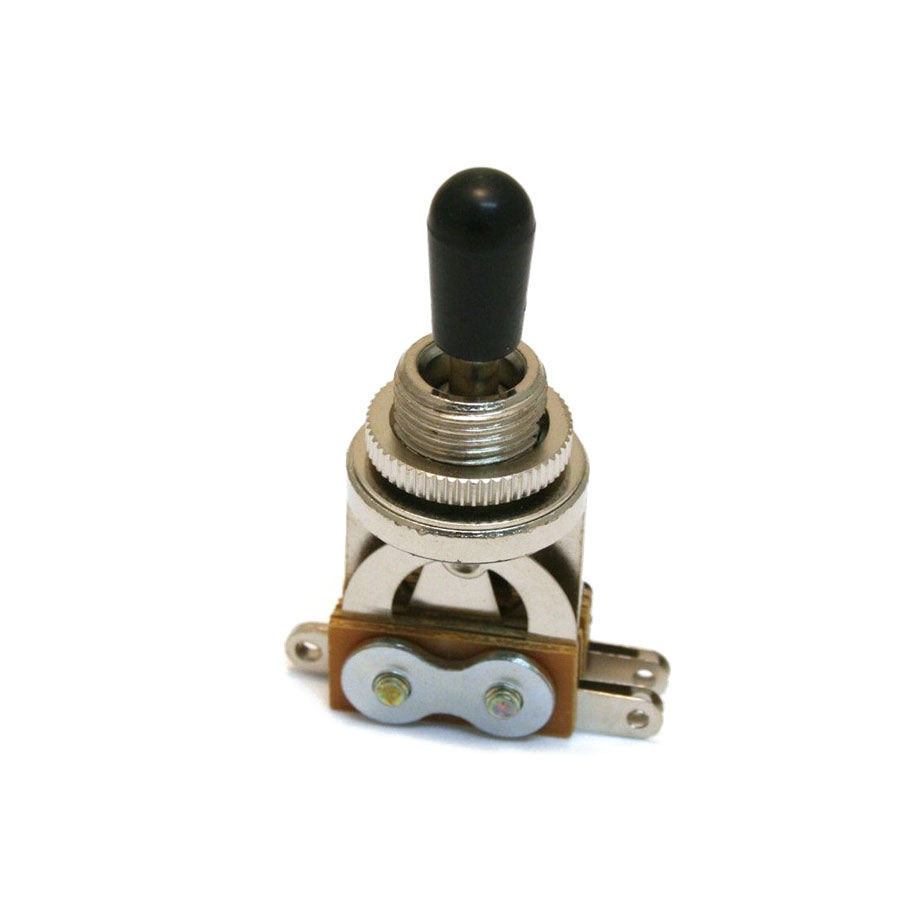 Metal toggle switch with black plastic cap and two screw terminals on a brown base