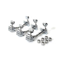 Set of four chrome guitar tuning pegs with six matching round bushings on white background.