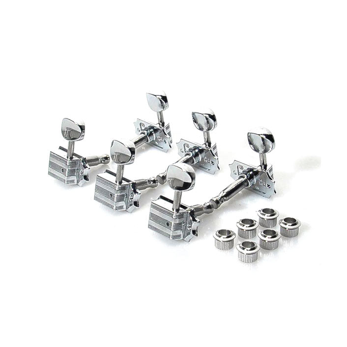 Set of four chrome guitar tuning pegs with six matching round bushings on white background.