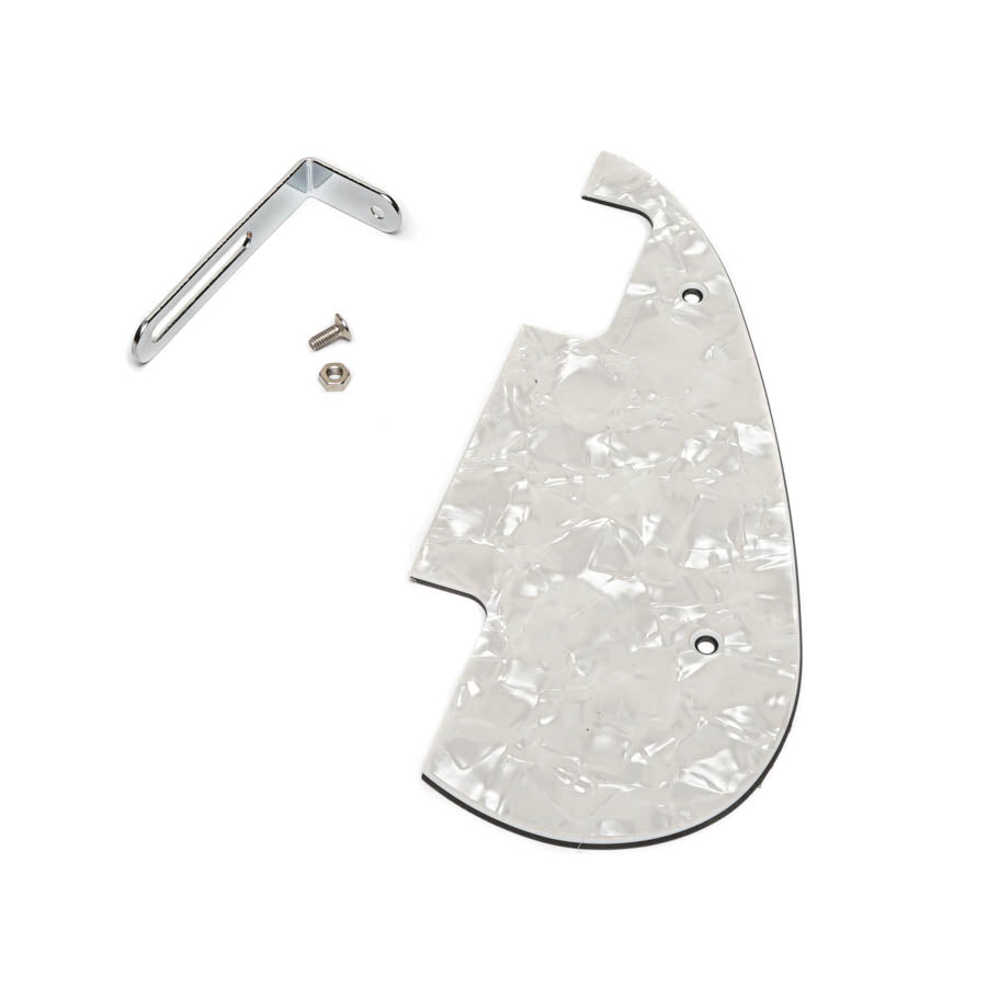 White pearloid pickguard with a metal bracket, screw, and nut on a white background.