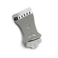Chrome metal guitar tailpiece with a raised letter G and a triangular cutout.