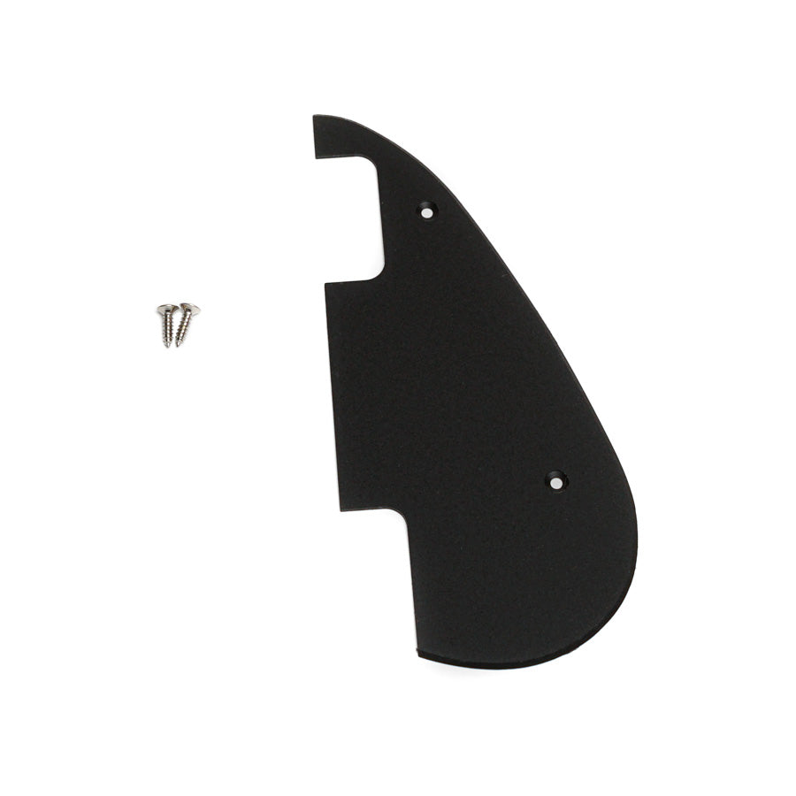 Black plastic pickguard with three silver screws shown on white background.