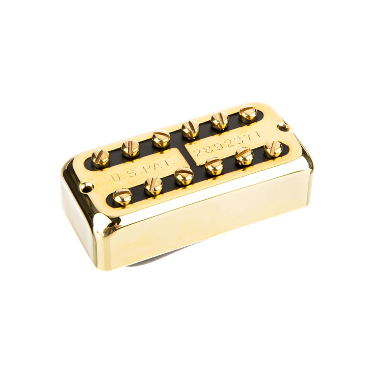 Gold-colored guitar pickup with twelve adjustable pole screws arranged in two rows on a black base.