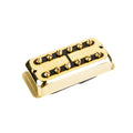 Gold-colored metal guitar pickup with twelve adjustment screws and black base plate.