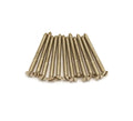 A group of gold-colored metal screws arranged neatly on a white background.