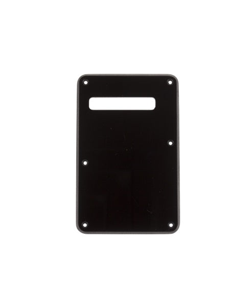 Black rectangular plastic backplate with six screw holes and one rectangular cutout near the top.