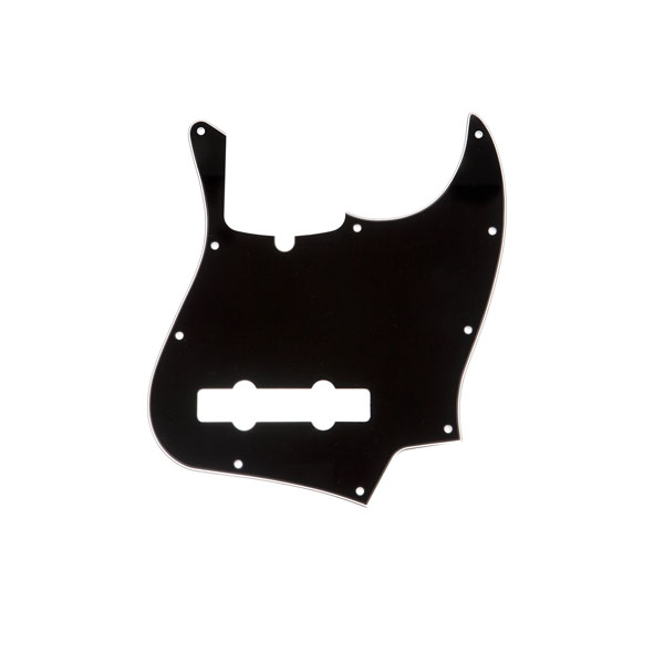 Black pickguard for a 5-string bass guitar with multiple screw holes and pickup cutouts.