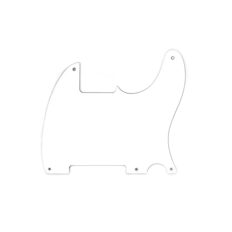White one-ply guitar pickguard with five mounting holes and cutouts for controls and pickups.
