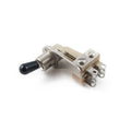 Metal toggle switch with black tip and multiple metal terminal lugs on a white background