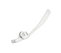 Polished silver metal handle lever assembly with a screw connection, isolated on white background.