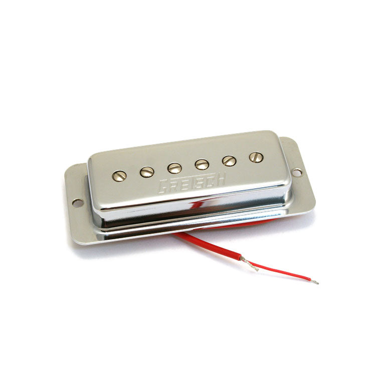 Chrome guitar pickup with six screw pole pieces and red wire leads, branded Gretsch.