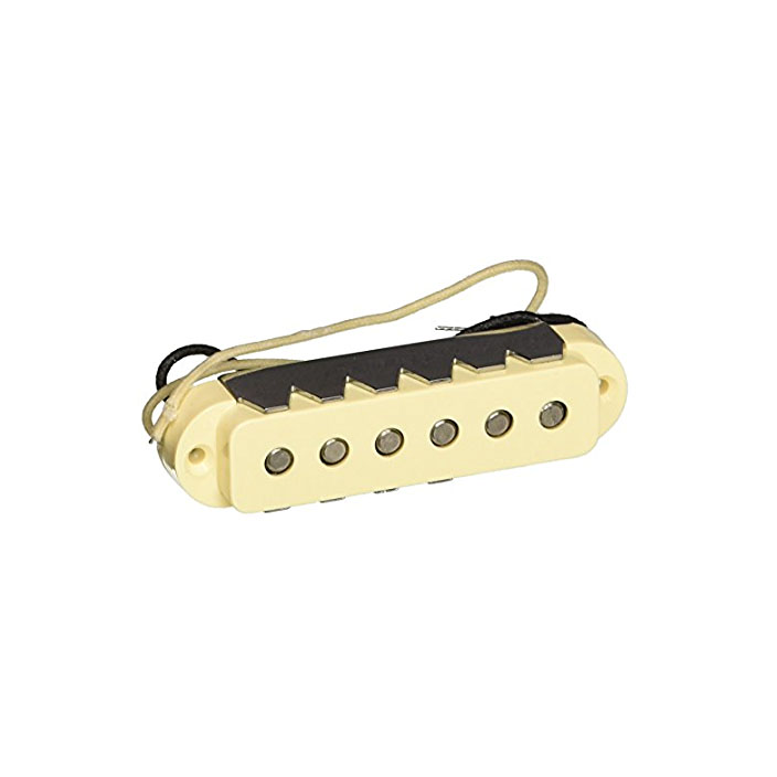 Aged white guitar pickup with six pole pieces and attached wires against a white background.