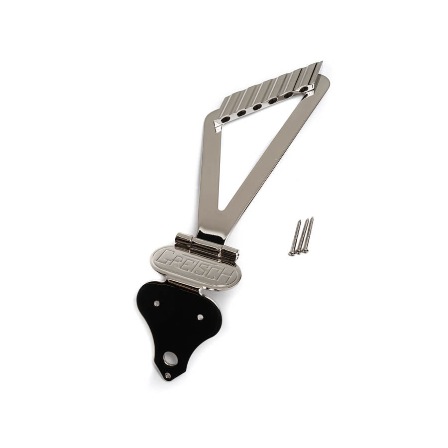 Chrome metal tailpiece labeled Gretsch with attachment plate and three screws on a white background.