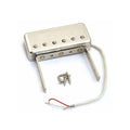 Silver metal guitar pickup with mounting brackets and a white cable with stripped red and white wires, plus four screws on a white background