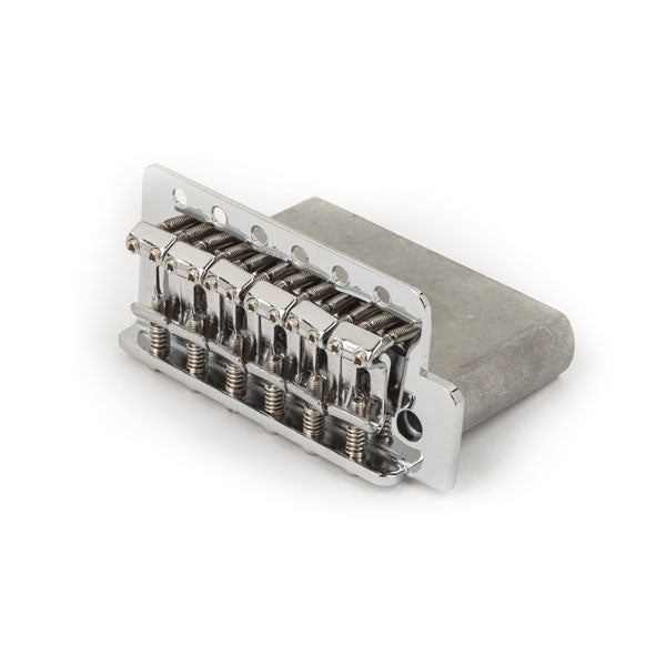 Metal guitar tremolo bridge assembly with six adjustable saddles and springs visible.
